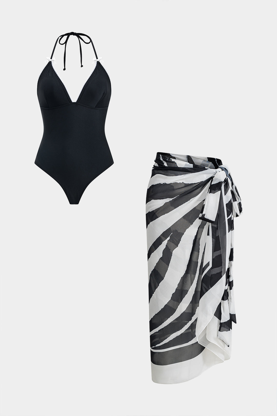 Tummy Control Tie Up Halter Swimwear And Zebra Print Cover Up Set