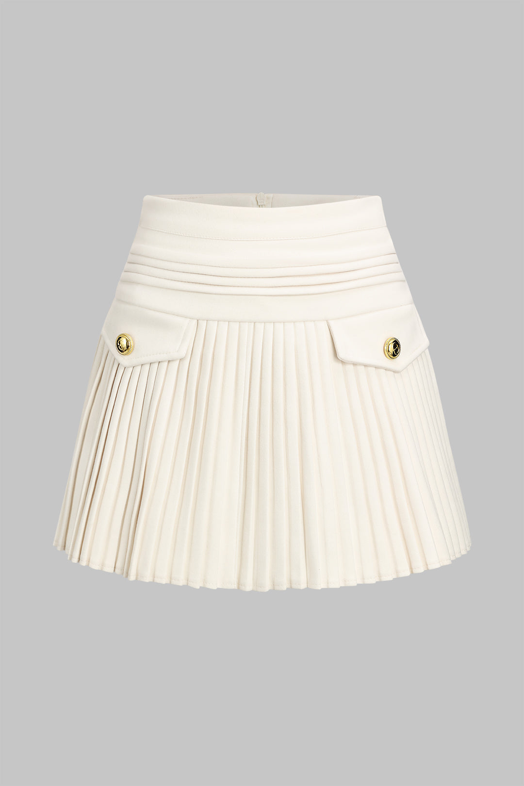 Pleated Button Zipper High Waist  Skirt