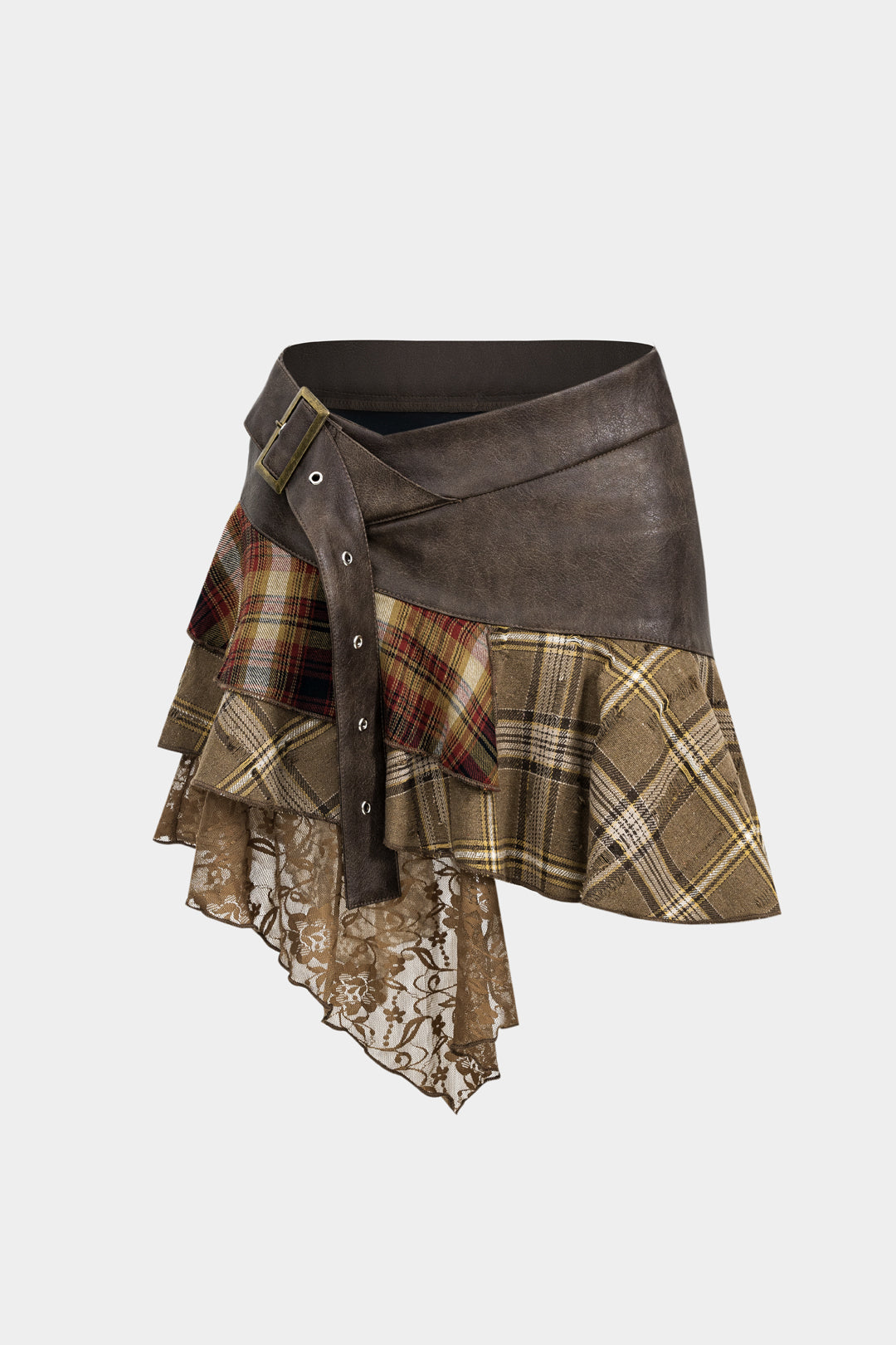 Plaid Print Faux Leather Lace Metallica Patchwork Skirt