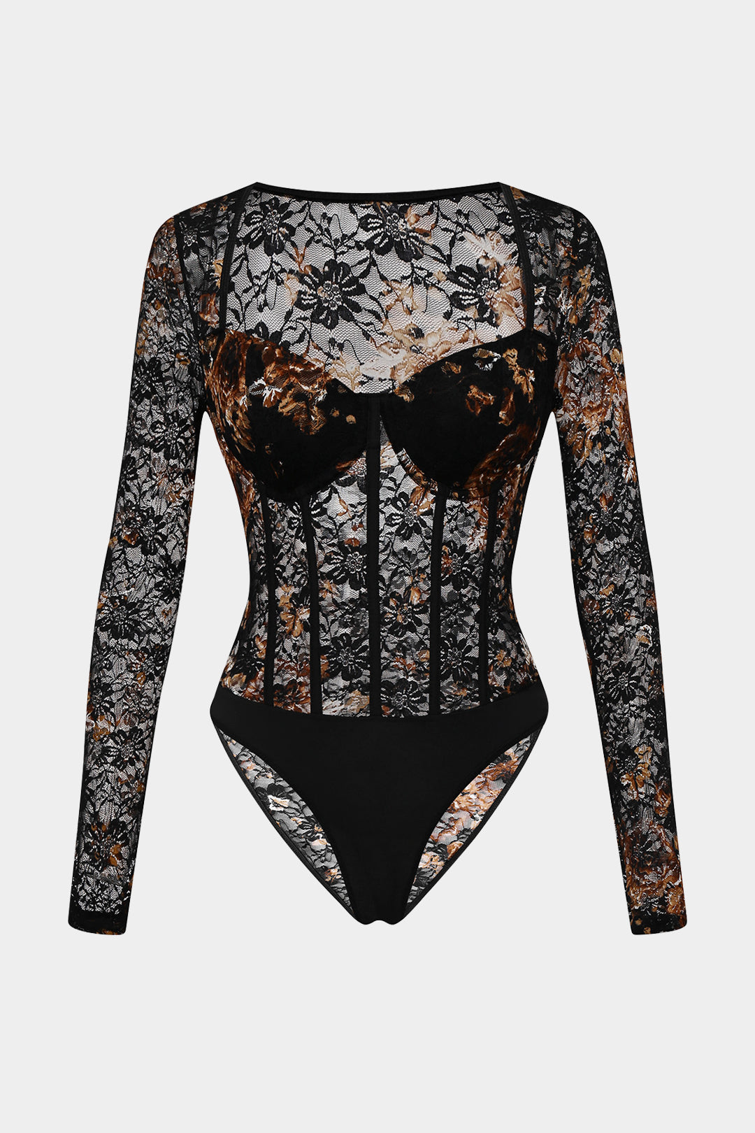 Lace Sheer Corset Long Sleeve Bodysuit