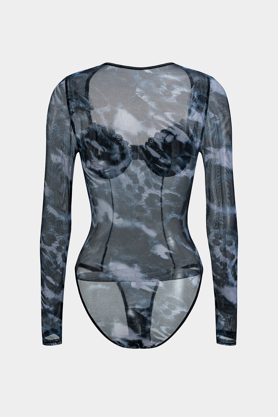 Tie Dye Print Mesh Bow Bustier Corset Long Sleeve Bodysuit