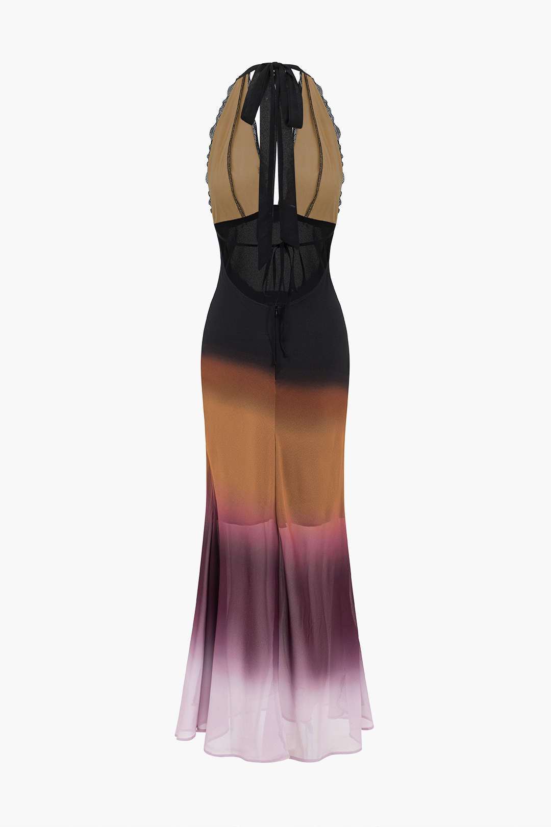 Ombre Print Mesh Backless Lace Sleeveless Maxi Dress