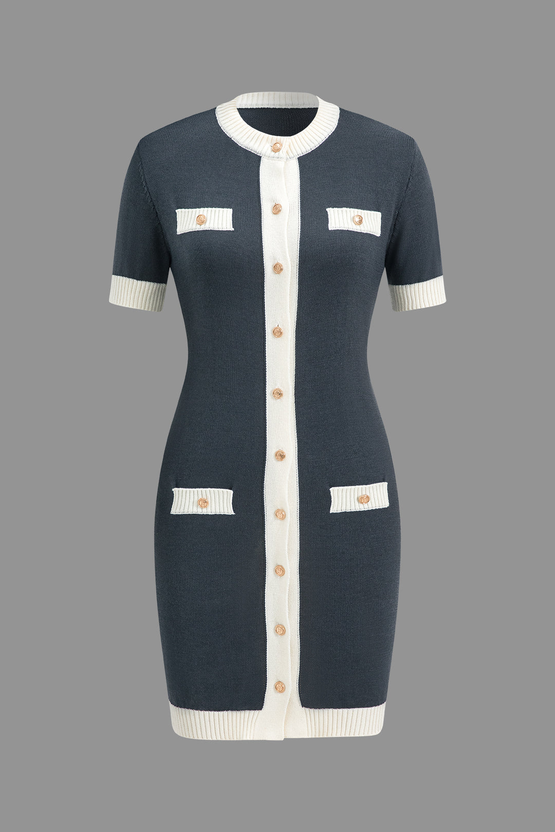 Knitted Contrast Short Sleeve Button Dress