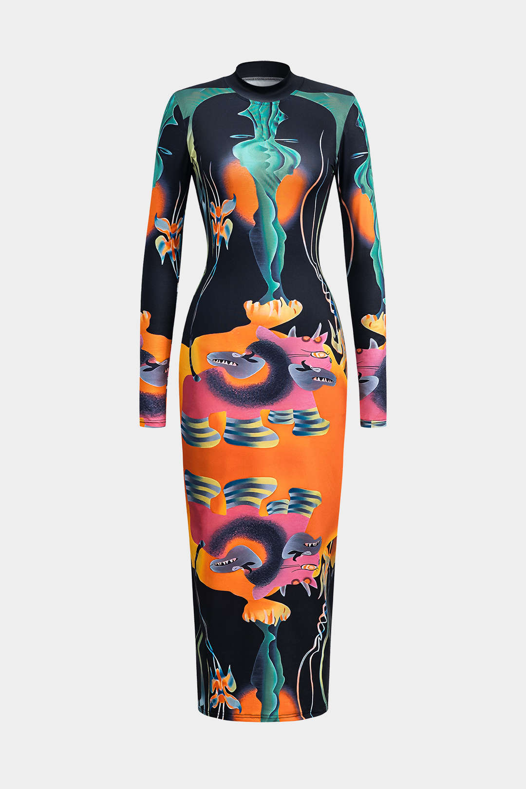 Abstract Print Long Sleeve Bodycon Midi Dress