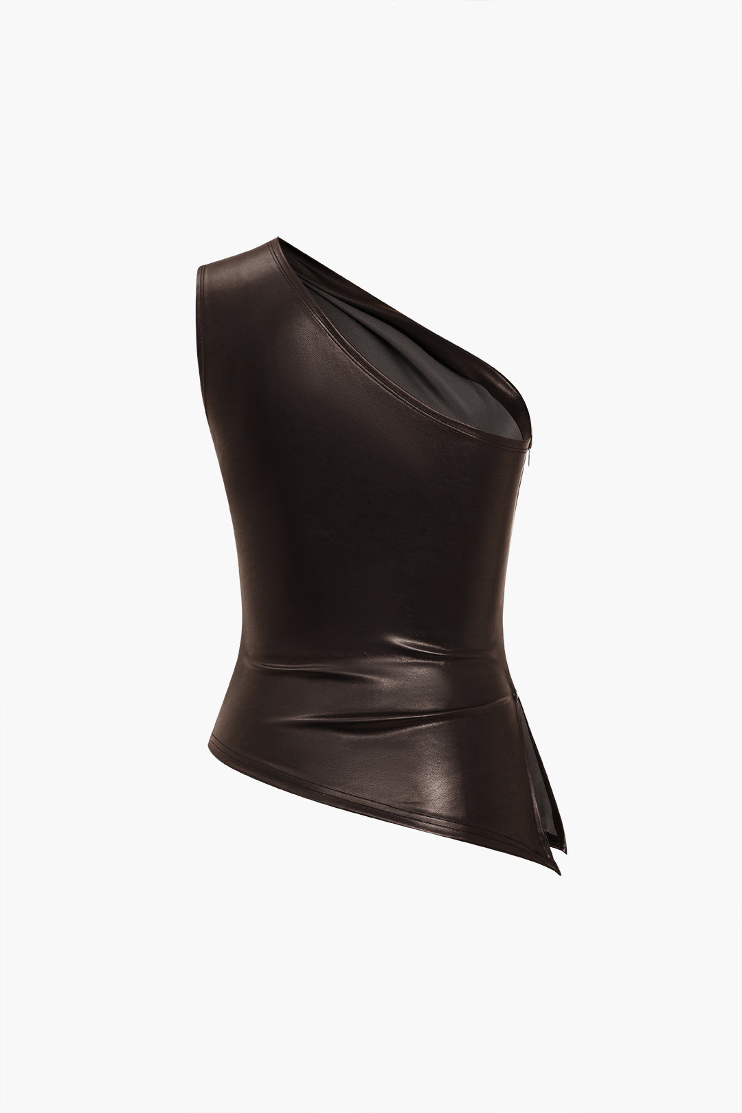 Solid Faux Leather Zipper Asymmetrical Tank Top