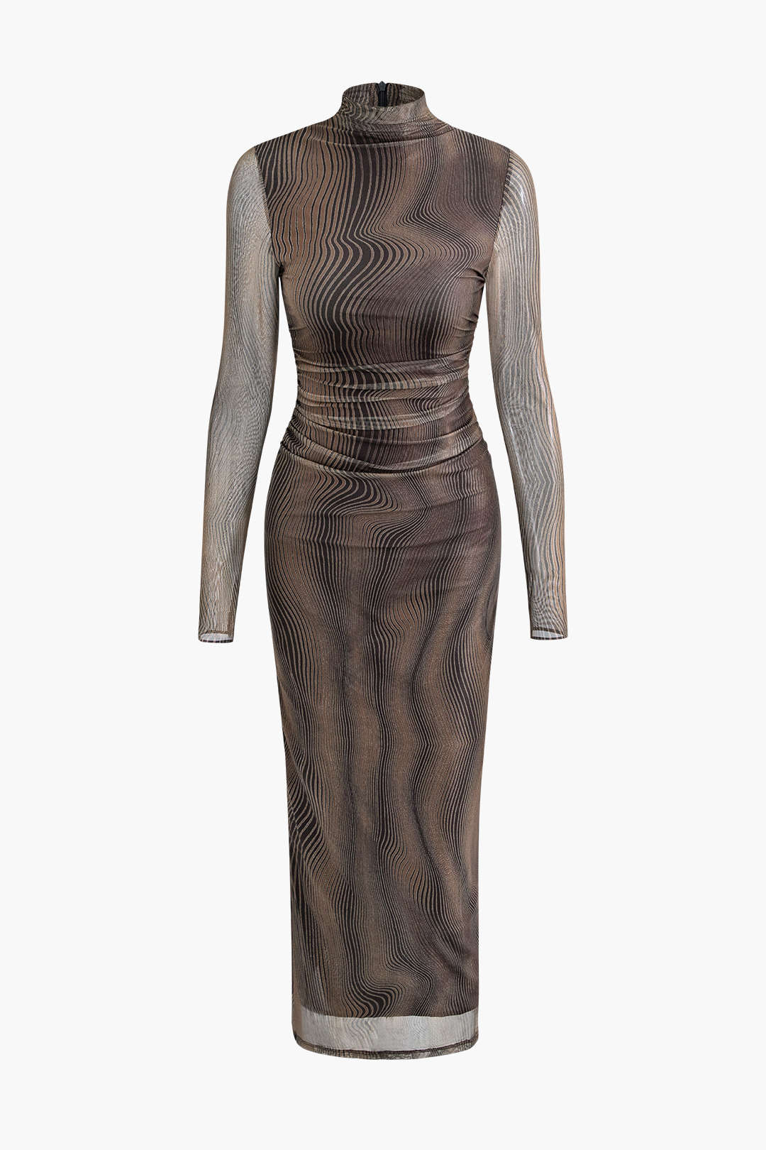 Wave Mock Neck Mesh Long Sleeve Maxi Dress