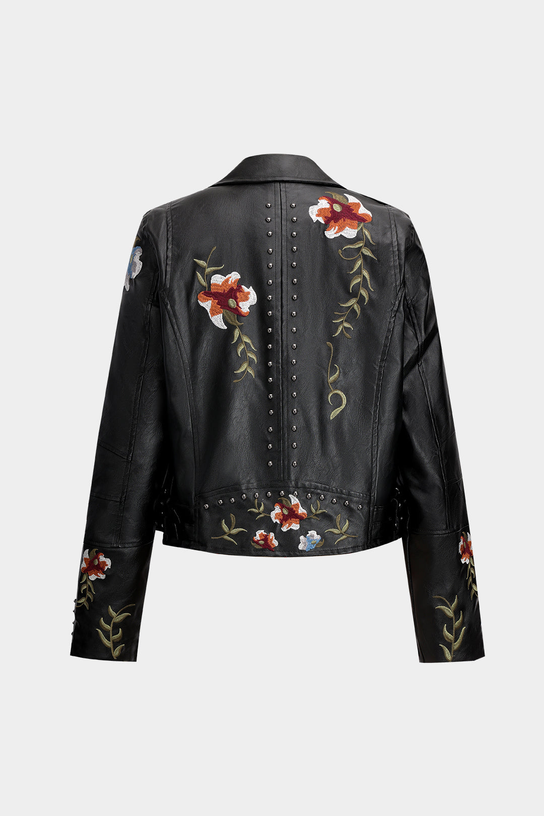 Floral Embroidery Faux Leather Zipper Long Sleeve Jacket