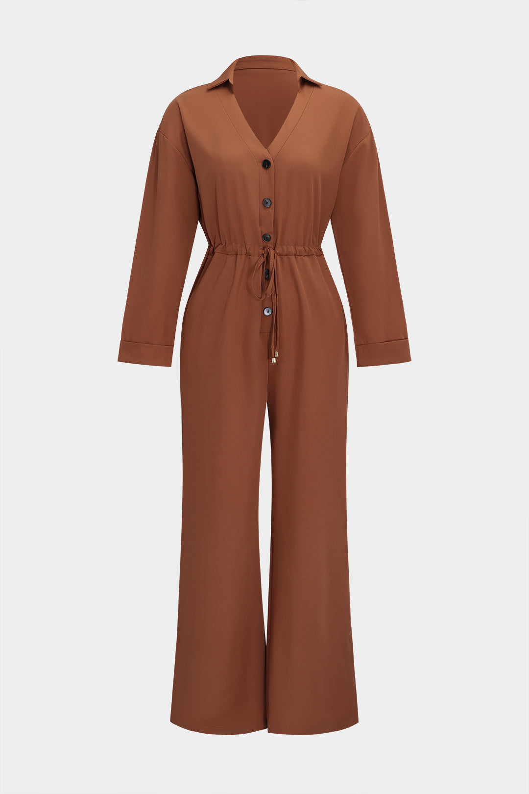 Button Pocket Tie-Up Wide Leg Long Sleeve Jumpsuit