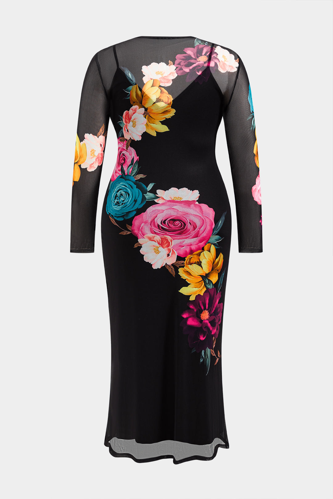 Plus Size Floral Print Mesh Round Neck Long Sleeve Maxi Dress