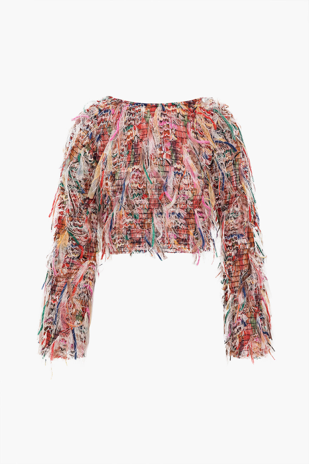 Color Block Print Fringe Long-Sleeve Shirt