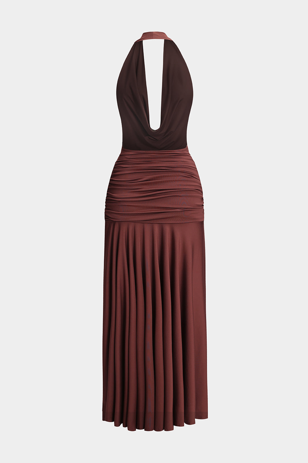 Ruched Strappy Halter Neck Backless Cowl Neck Maxi Dress