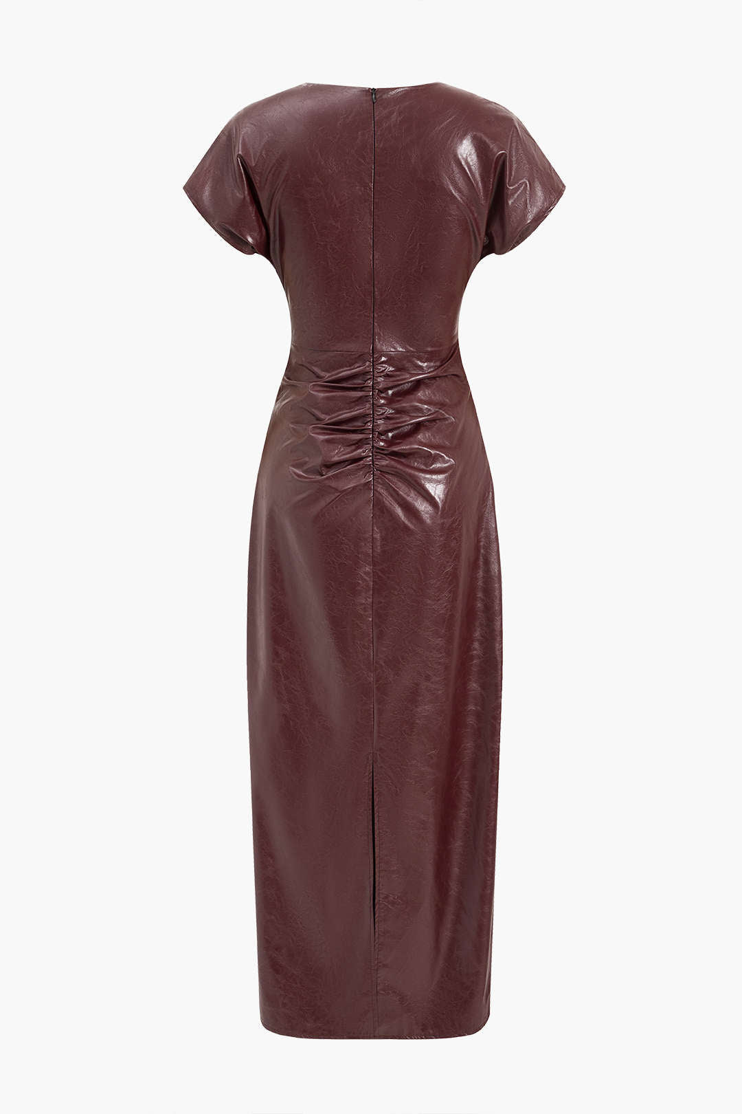 Faux Leather Ruched V-Neck Midi Dress