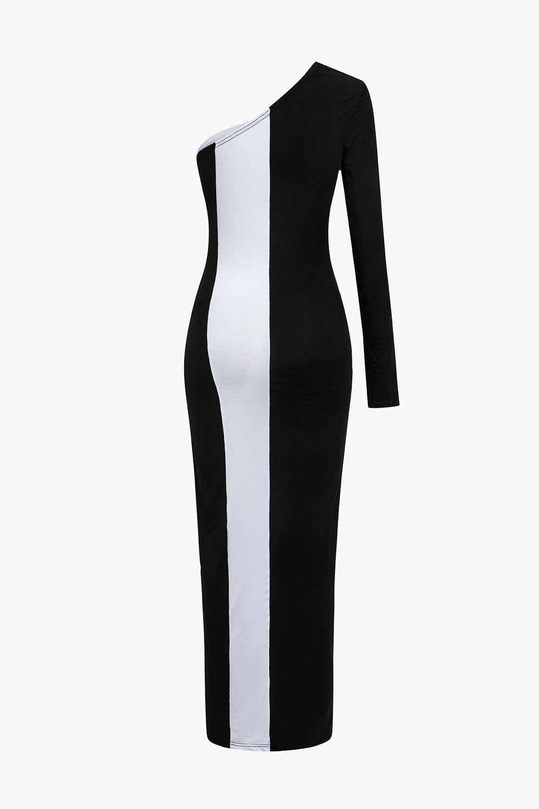 Metal Buckle One Shoulder Patchwork Long Sleeve Midi Dress