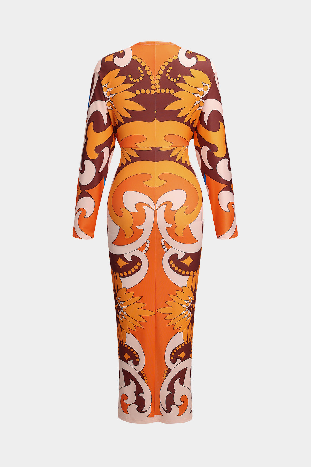 Hawaiian Pattern Ruched V-Neck Long Sleeve Midi Dress