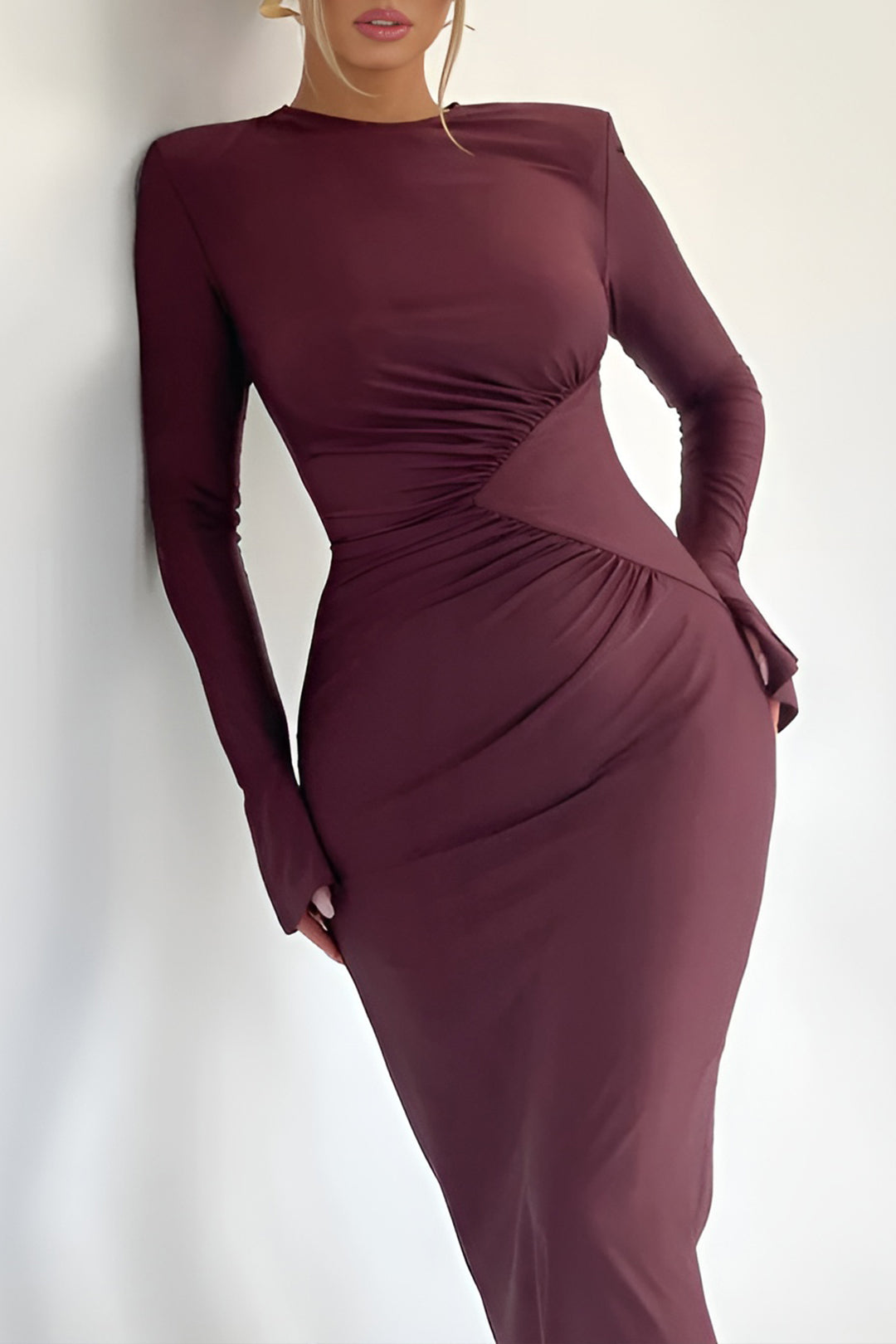 Solid Ruched Long-Sleeve Maxi Dress