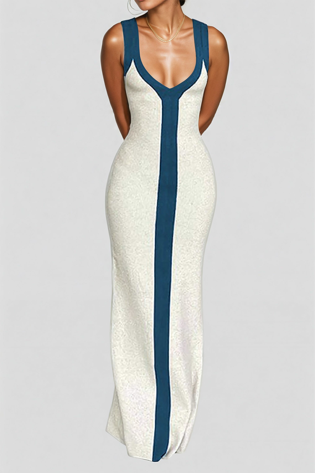 Colorblock V-neck Ribbed Split Maxi Dress