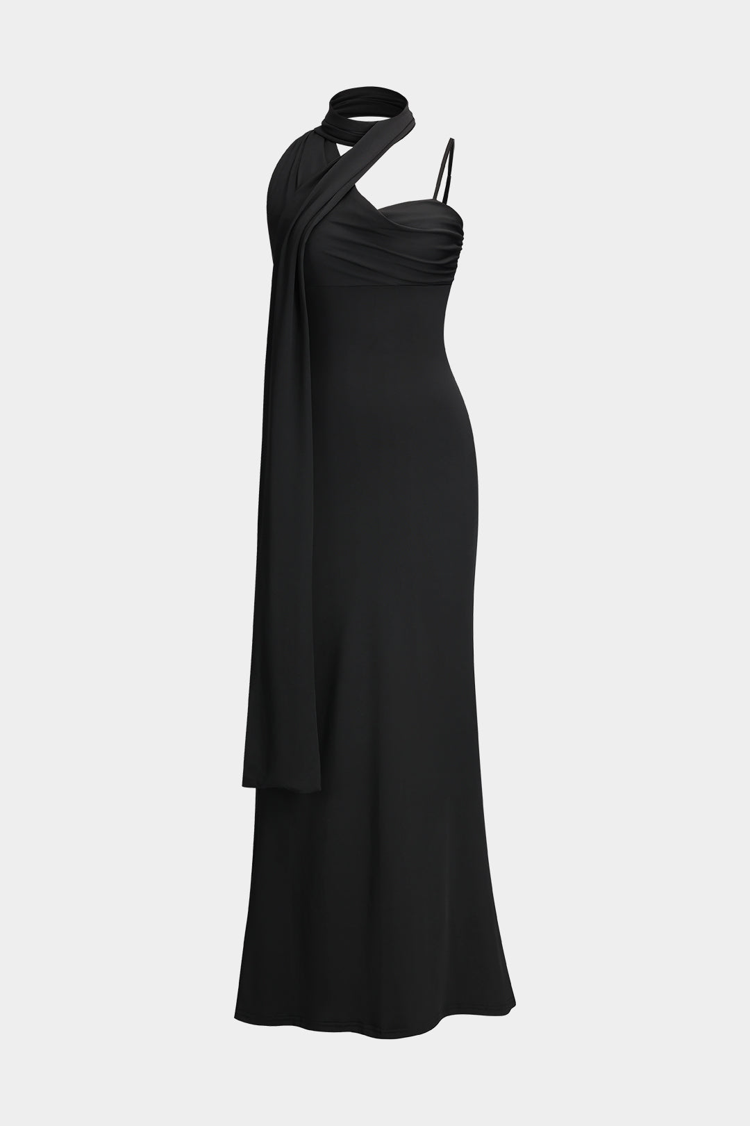 Ruched Halter Neck One Shoulder Slip Maxi Dress