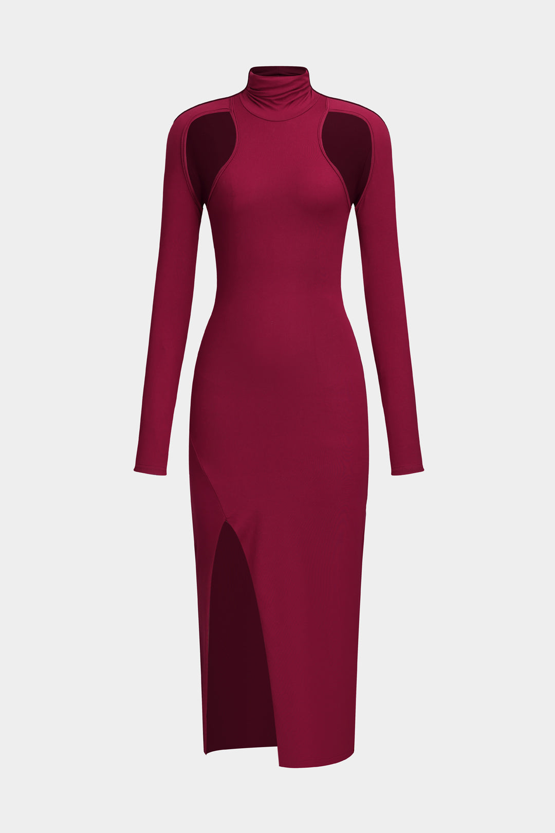 Cut Out Slit Mock Neck Long Sleeve Midi Dress