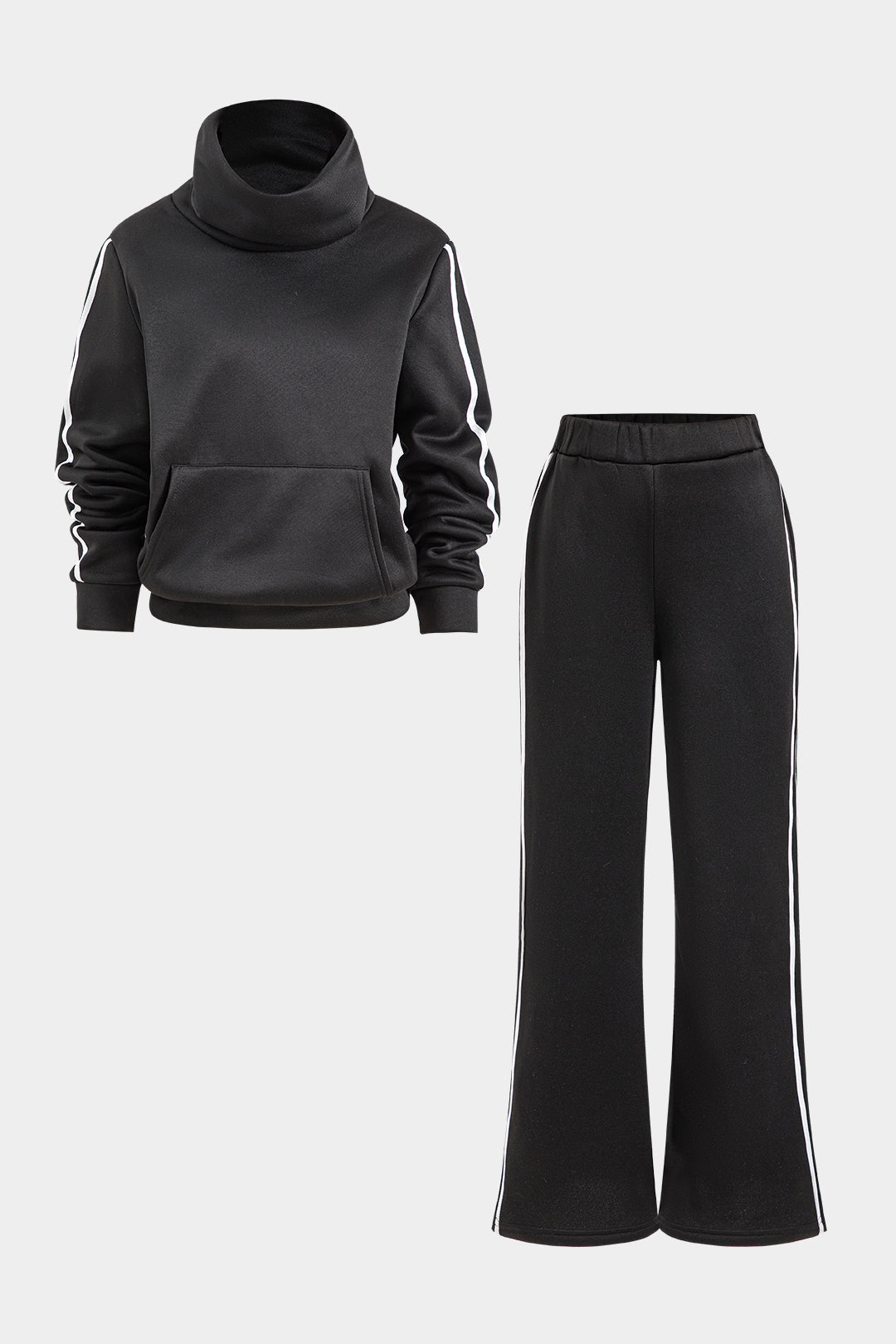 Patchwork Pocket Turtleneck Long Sleeve Top And Trousers Set