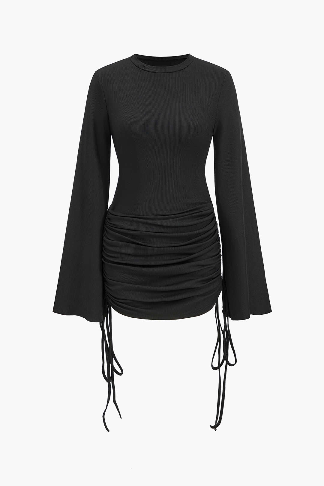 Round Neck Ruched Drawstring Bell Long Sleeve Mini Dress