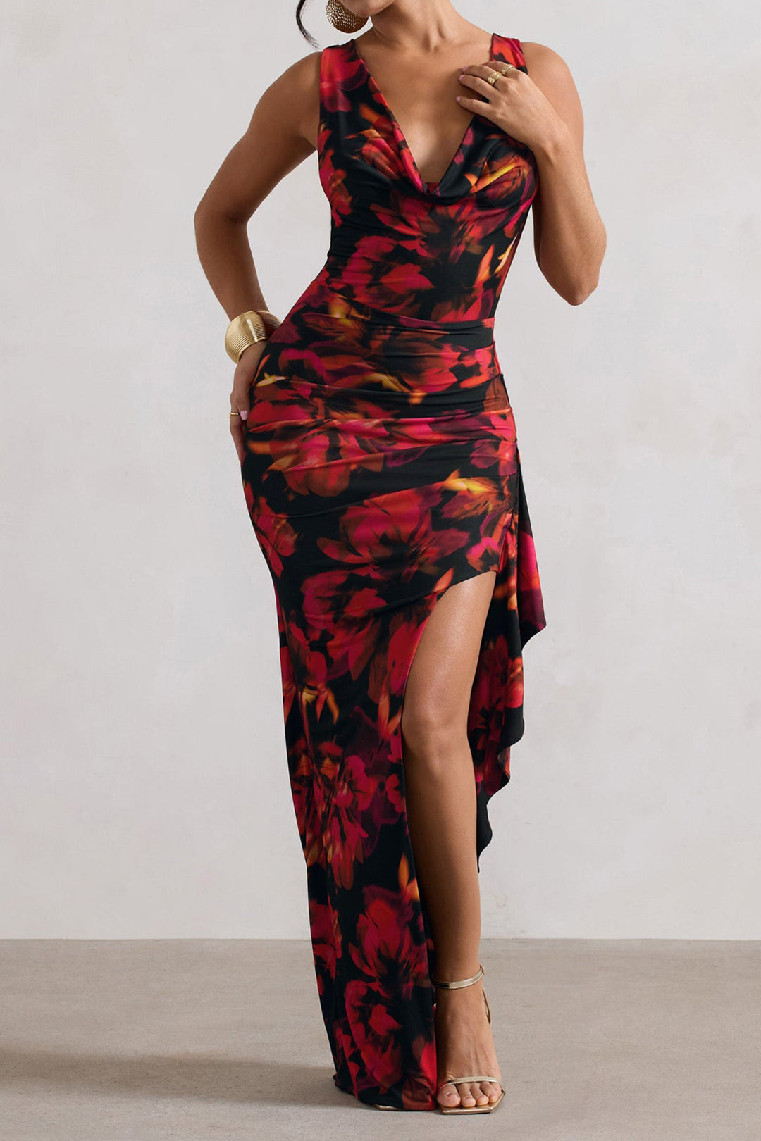 Floral Print Ruched V-Neck Tie Back Backless Slit Maxi Dress