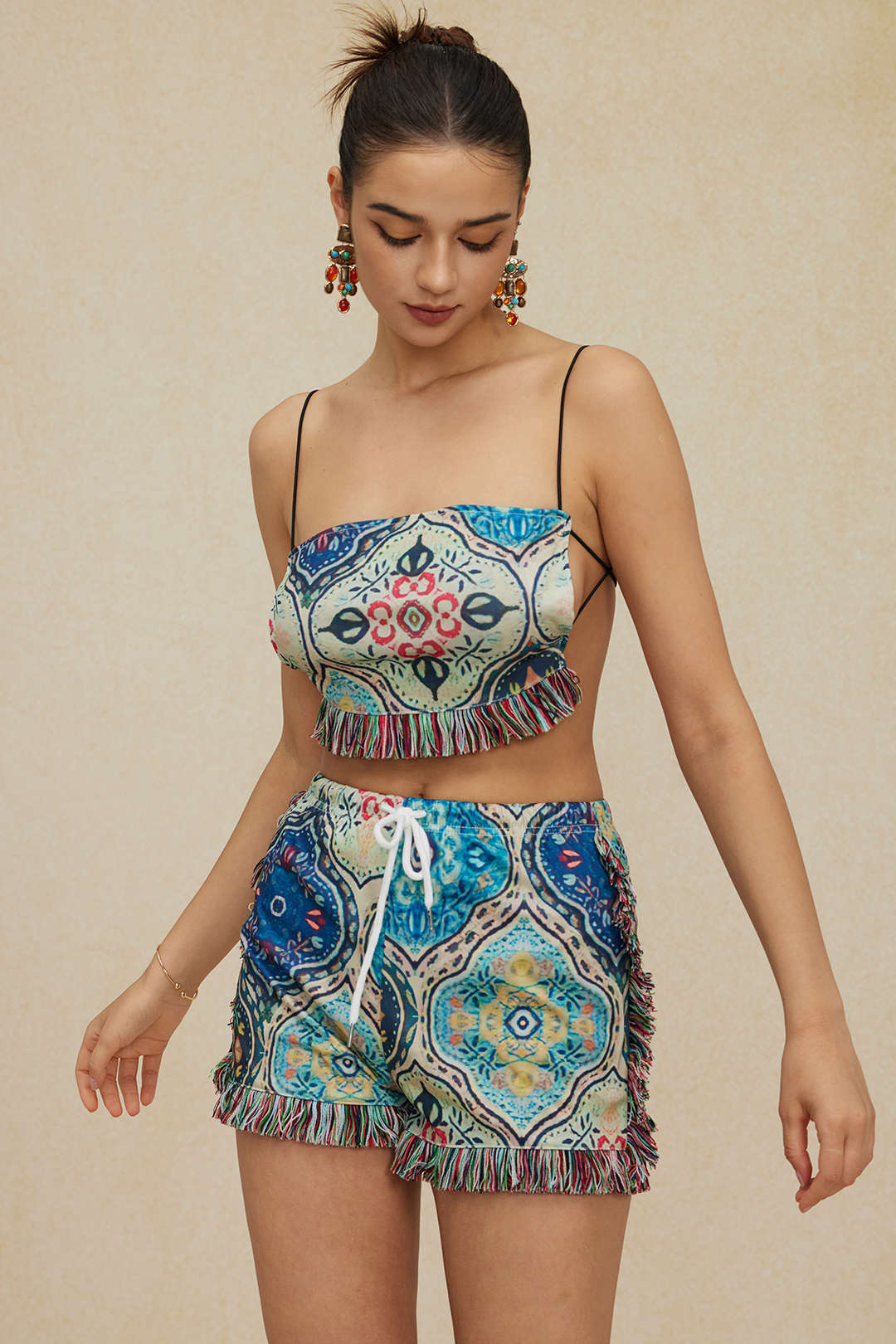 Bohemian Fringe Backless Cami Top And Shorts Set