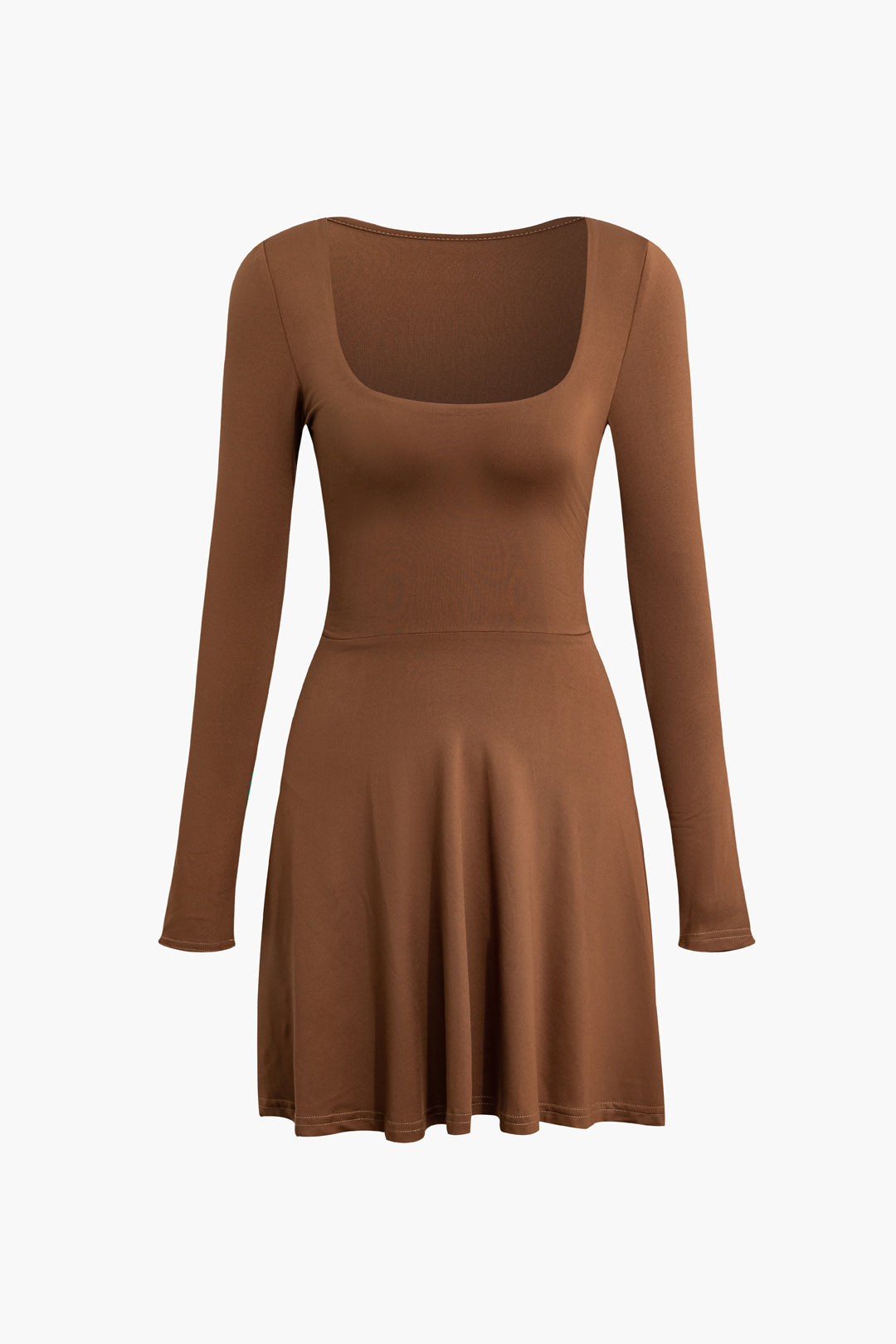 Basic Solid Long Sleeves U-Neck A-Line Mini Dress