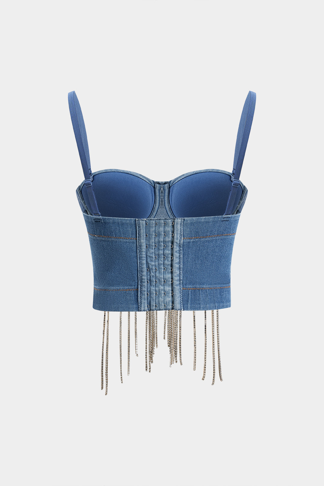 Denim Rhinestone Fringe Bustier Slip Cami Top