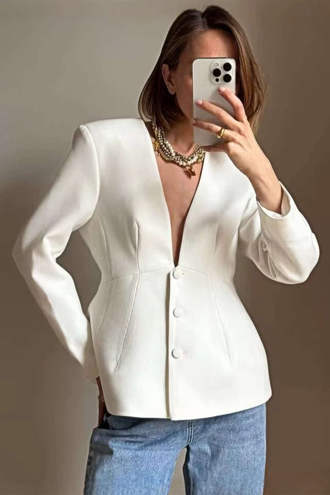 Solid V-neck Button Blazer