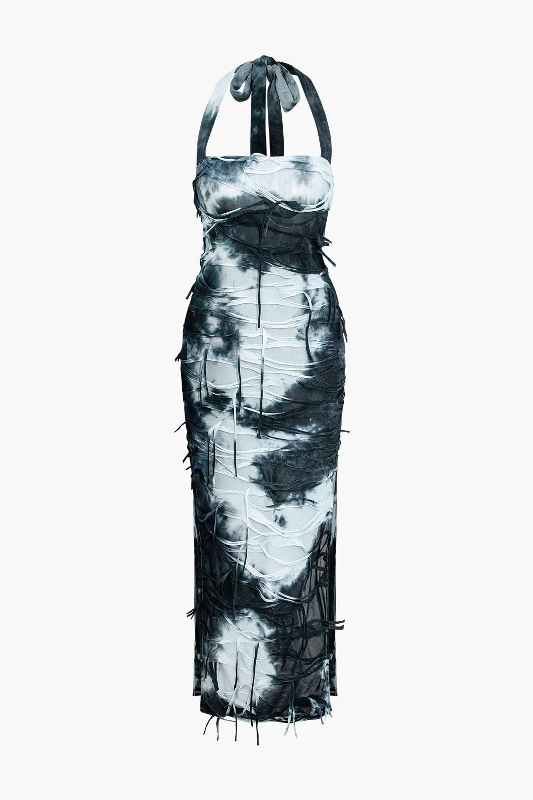 Tie Dye Distressed Mesh Slit Halter Maxi Dress