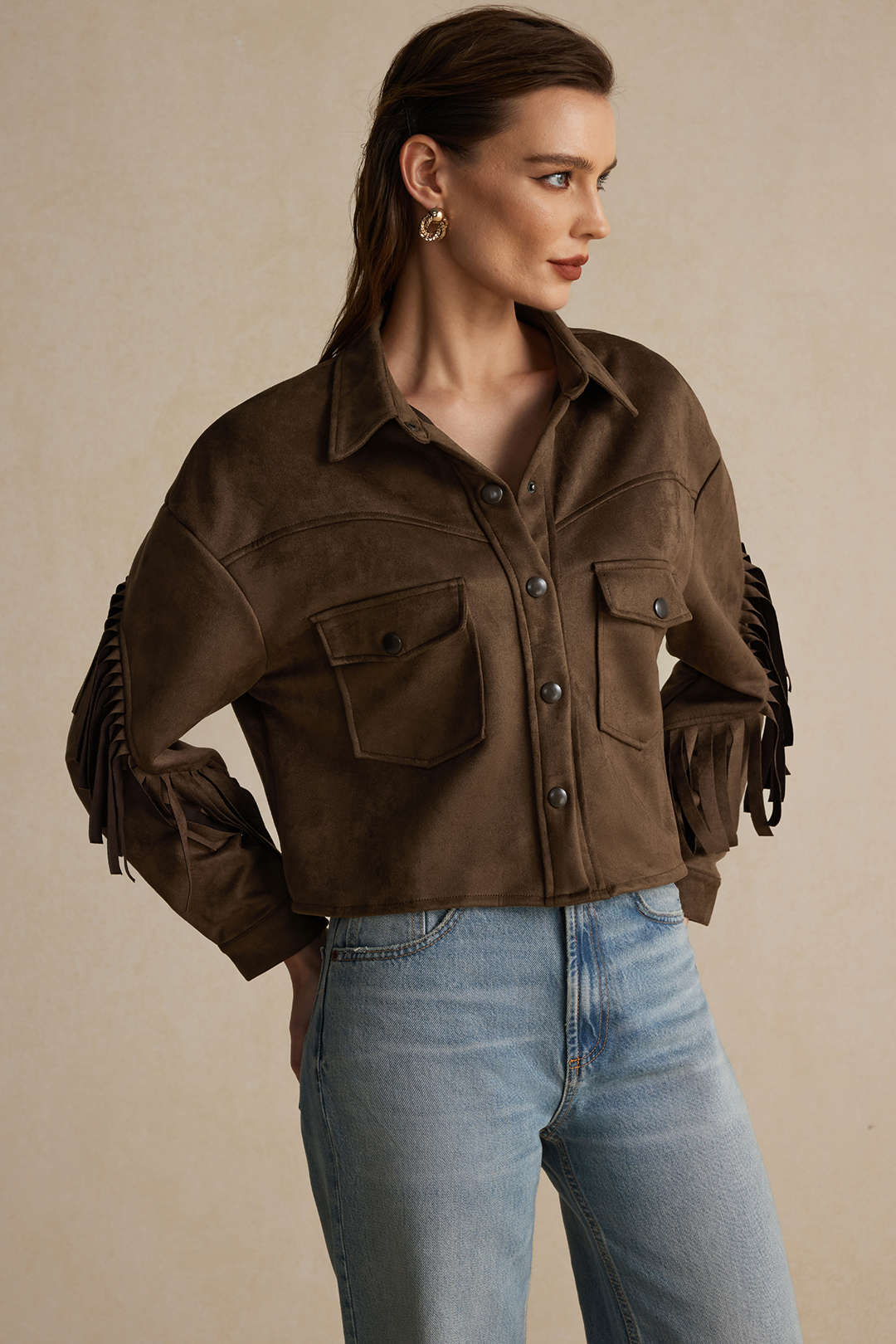 Faux Suede Fringe Pocket Button Long-Sleeve Jacket