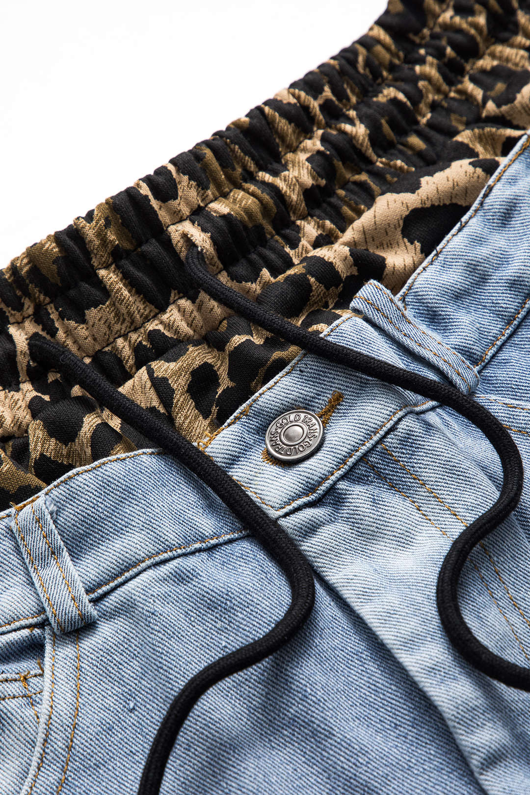 Leopard Print Denim Patchwork Tie Front Pocket Wide Leg Jeans