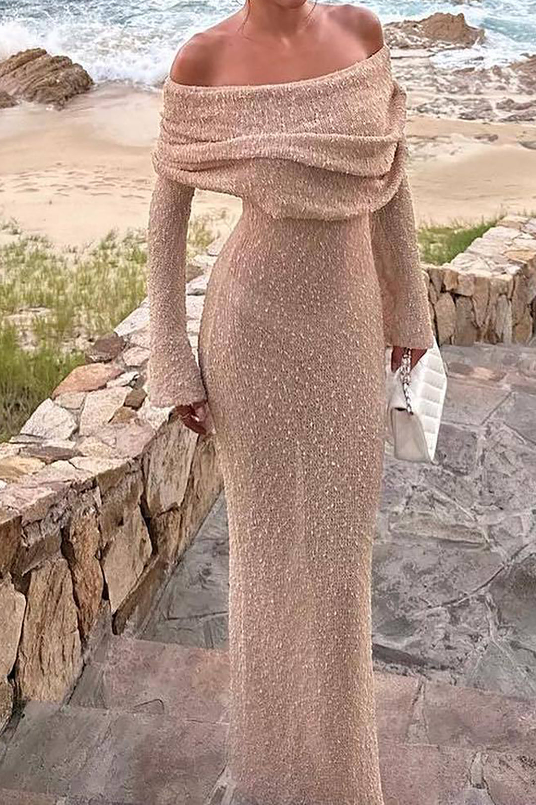 Off Shoulder Open Knit Maxi Dress