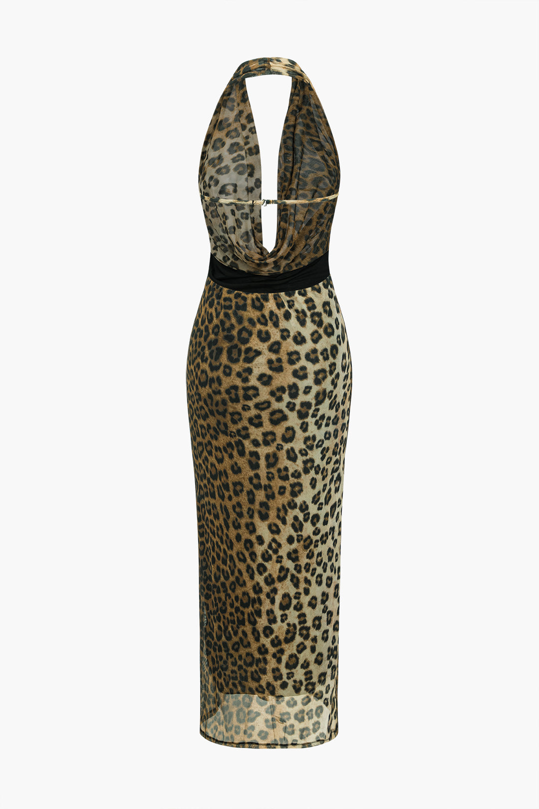 Leopard Print Mesh Cowl Neck Backless Maxi Dress