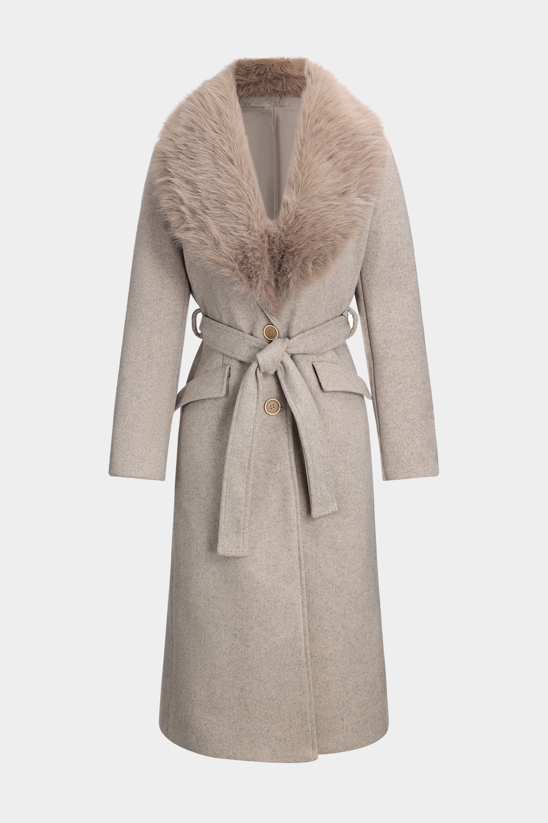 Faux Fur Tie-Up Button Long Sleeve Coat