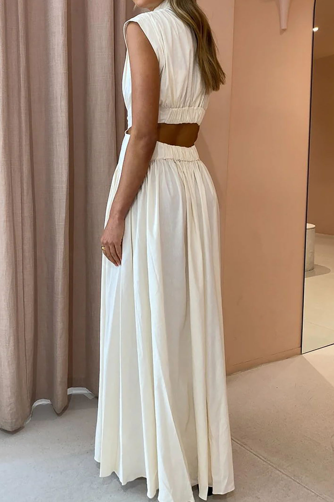 Mock Neck Cut Out Pleated Maxi Dress