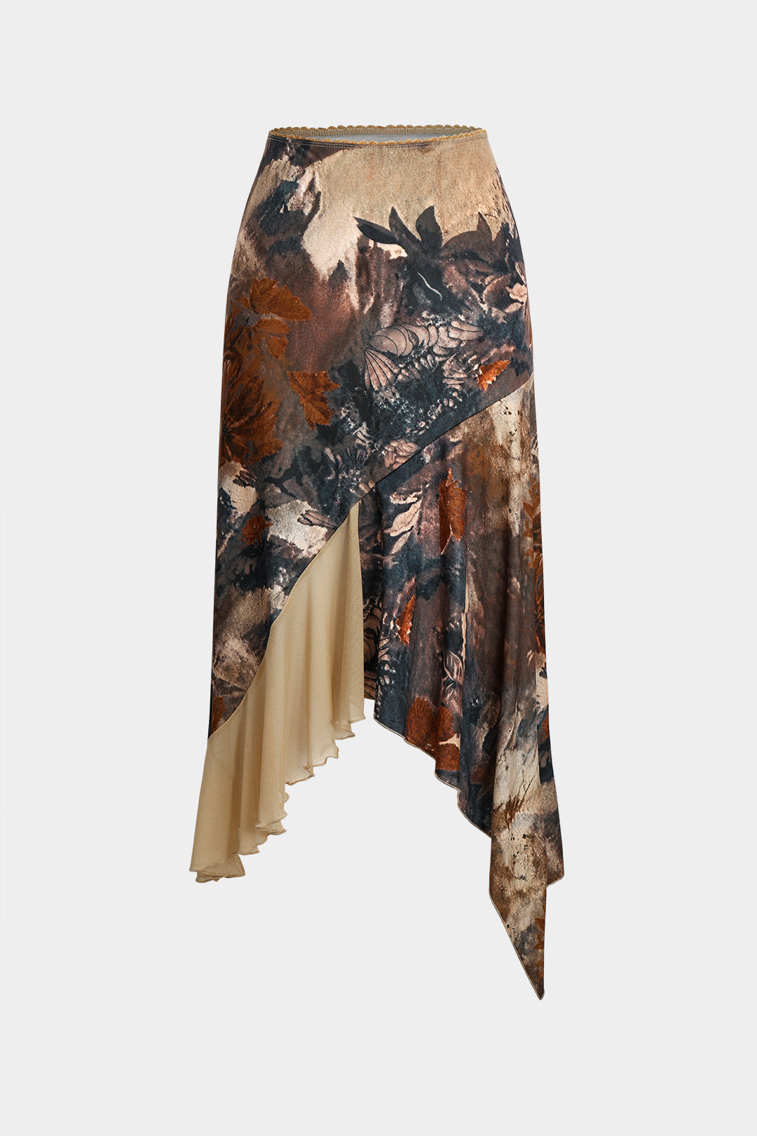 Floral Print Mesh Patchwork Asymmetric Hem Skirt