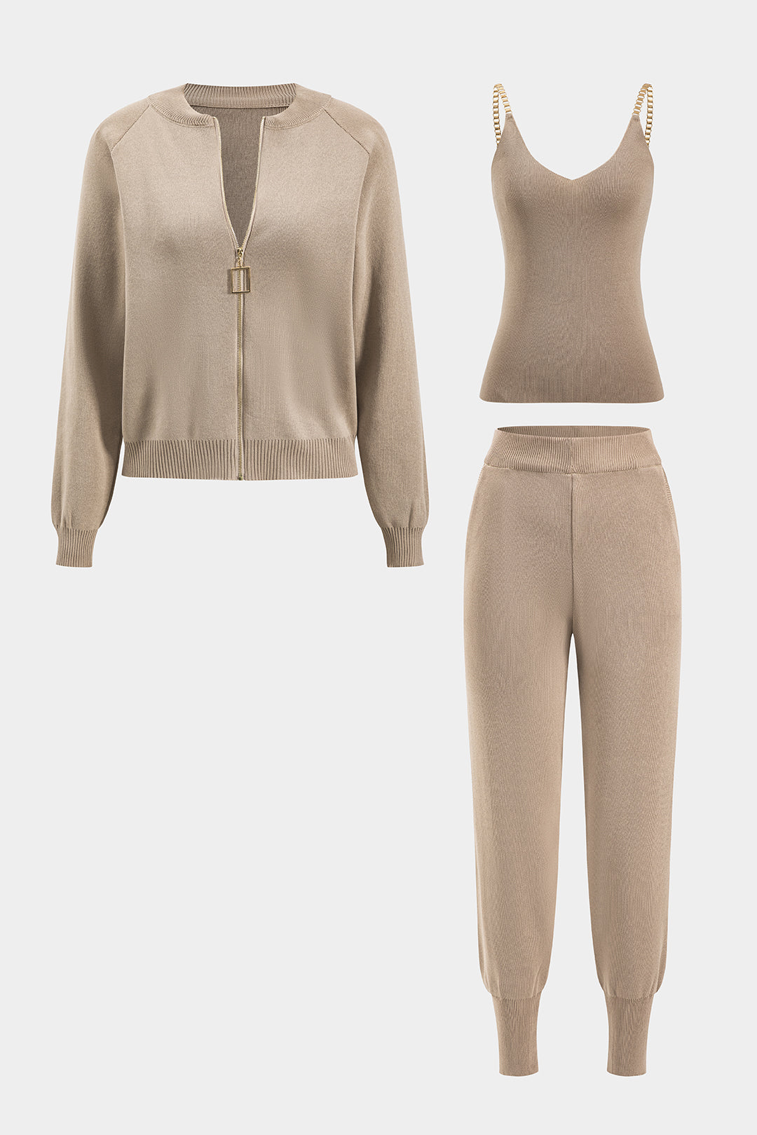 Knit Metallic Zipper Round Neck Long Sleeve Cardigan And Tank Top And Trousers Set