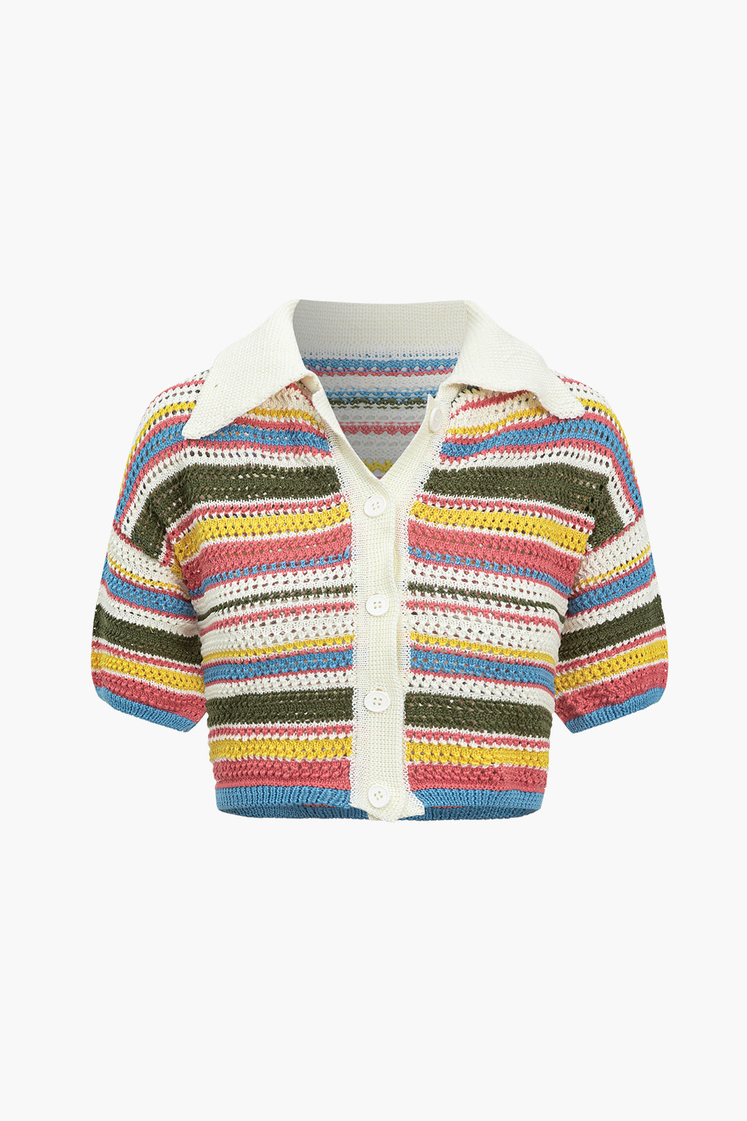 Rainbow Stripe Knit Button Short-Sleeve Top