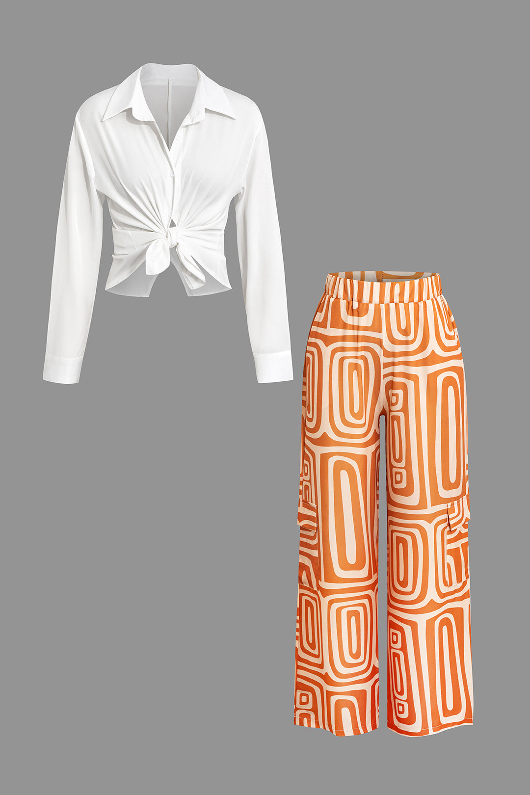 Solid Knot Shirt And Artistic Print Pants Set