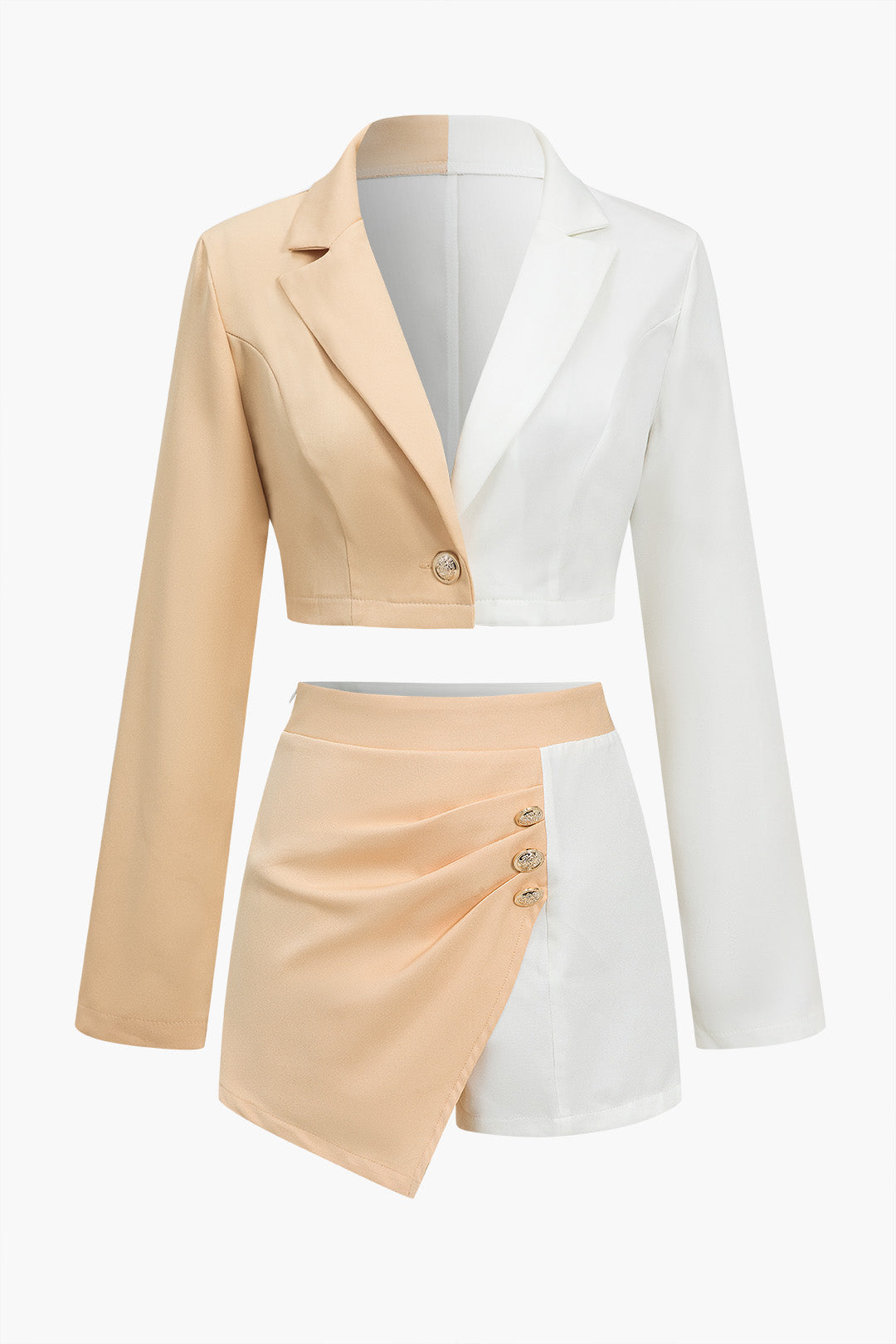 Color Block Cropped Blazer And Button Detail Skort Set