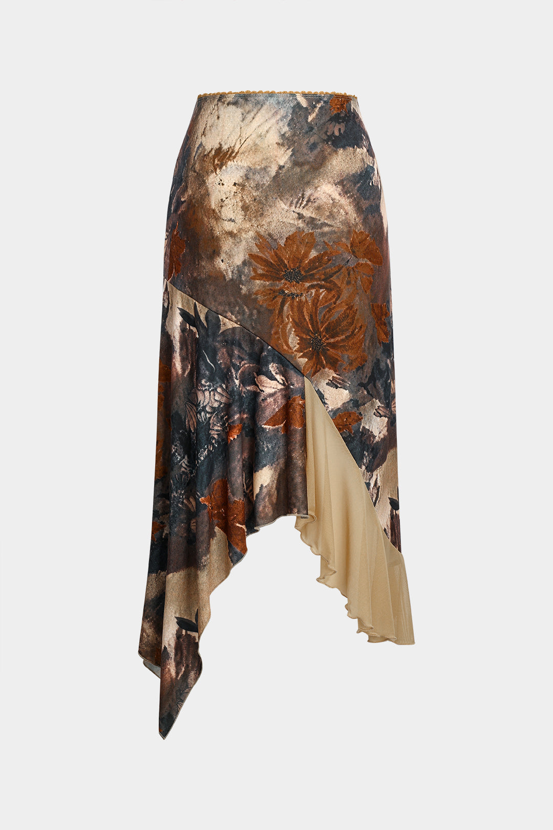 Floral Print Mesh Patchwork Asymmetric Hem Skirt