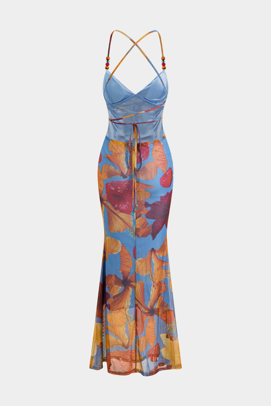 Tropical Floral Print Mesh Backless Maxi Dress