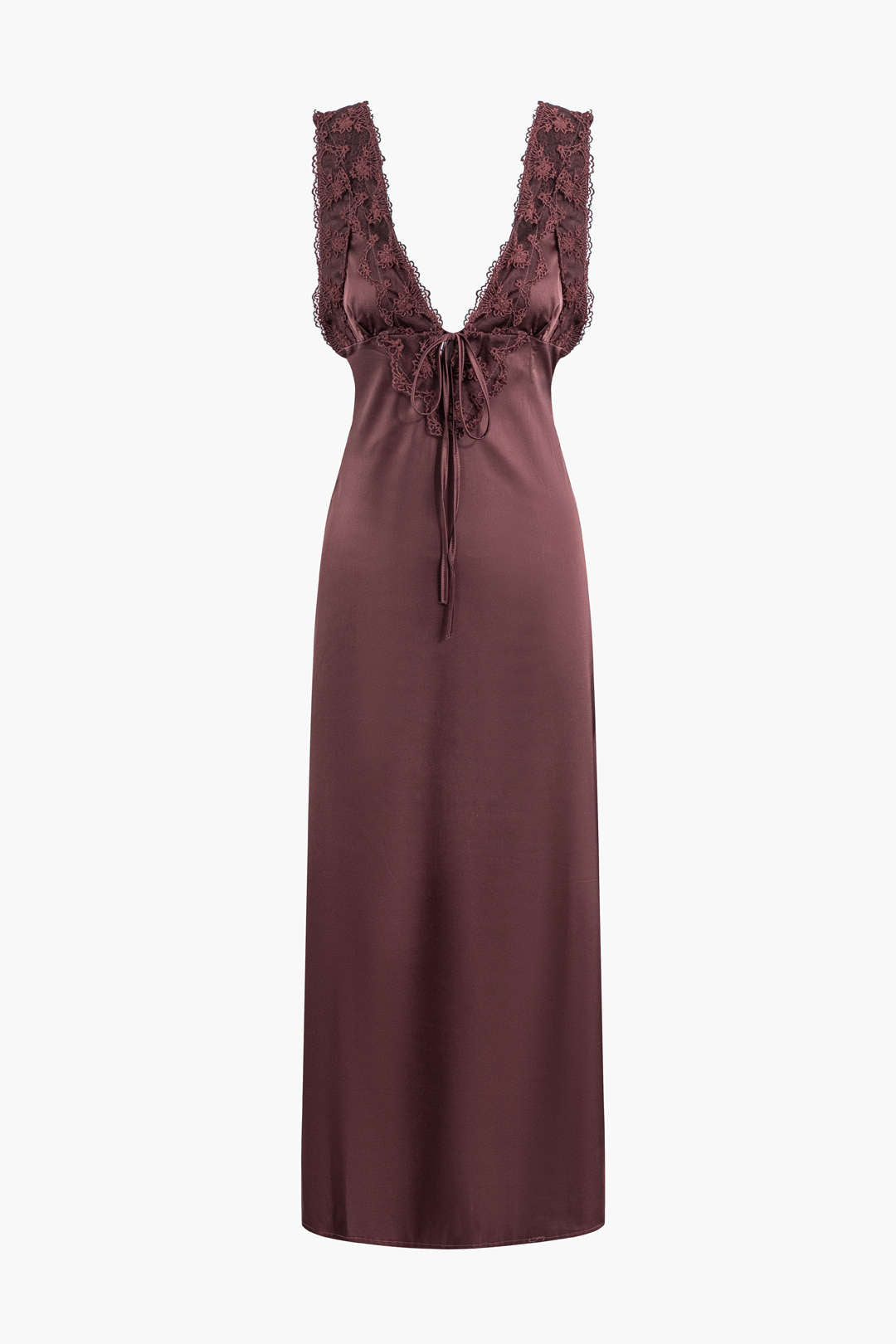 Solid Satin Lace Trim Tie-Up Maxi Dress