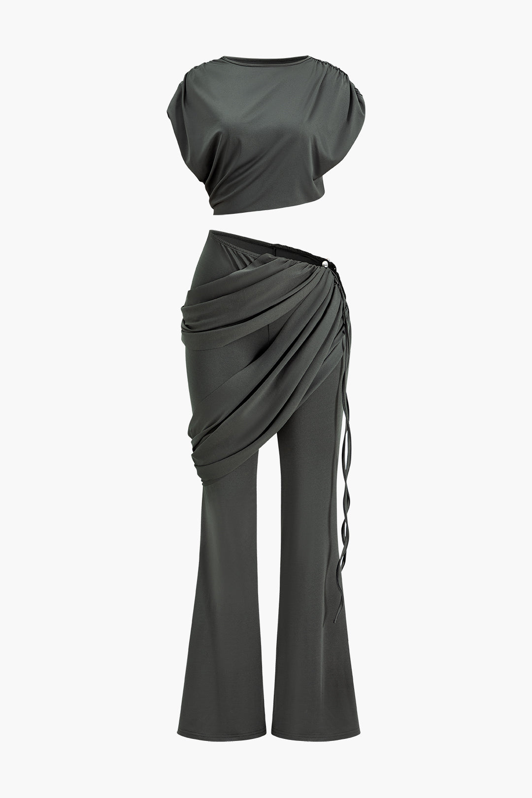 Solid Top And Asymmetrical Drawstring Flared Trouser Set