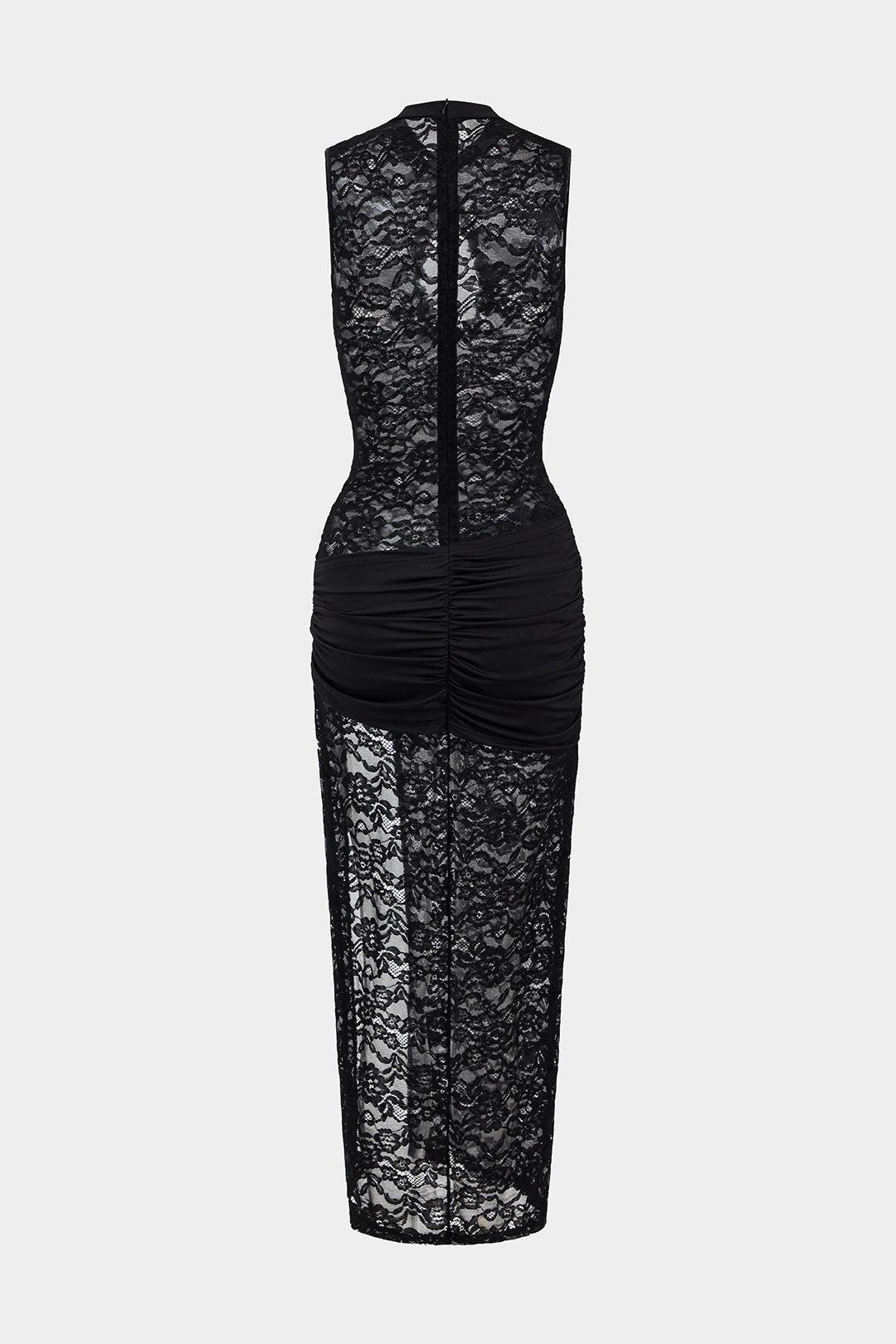 Lace Metallic Ruched Cut Out Zipper Slit Maxi Dress