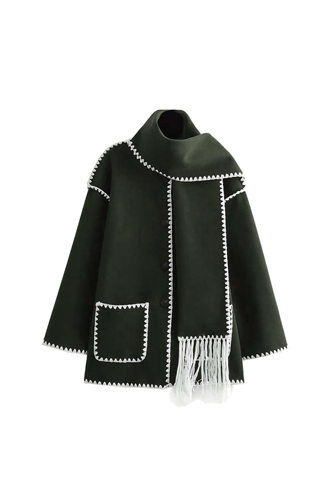 Contrast Trim Wool-blend Coat With Tassel Scarf