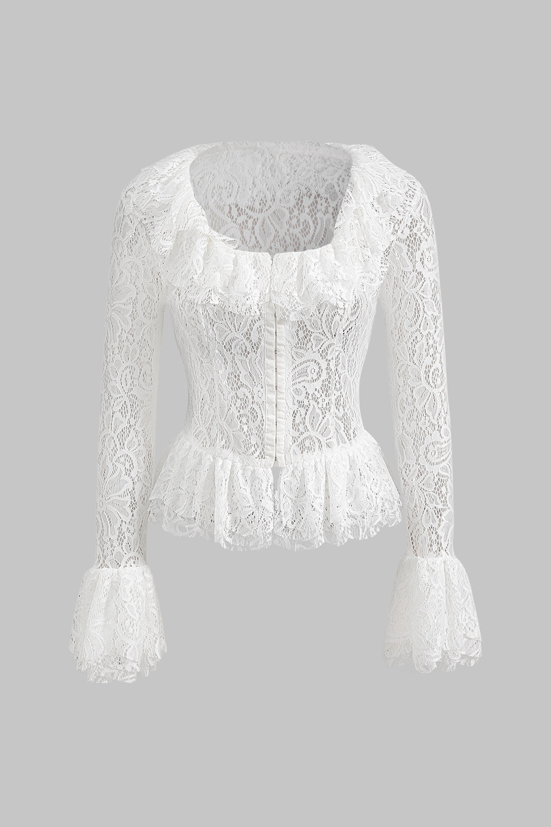 Lace Ruffle Square Neck Bell Sleeve Shirt