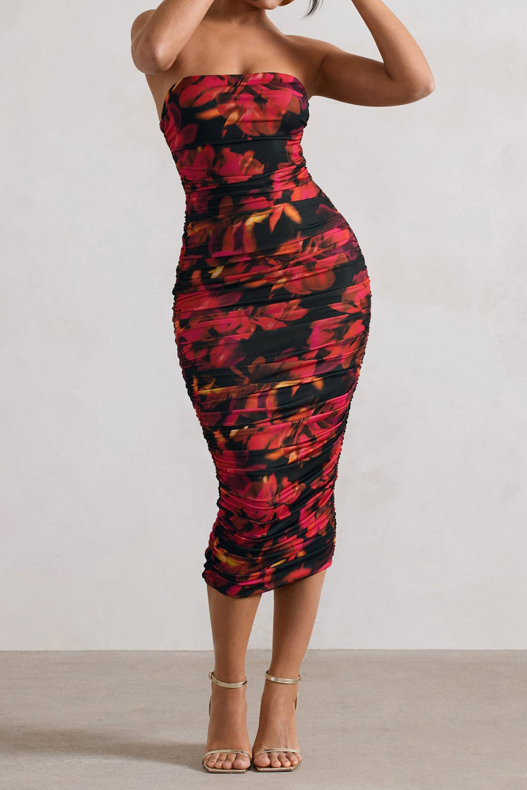 Floral Print Ruched Zipper Slit Strapless Midi Dress