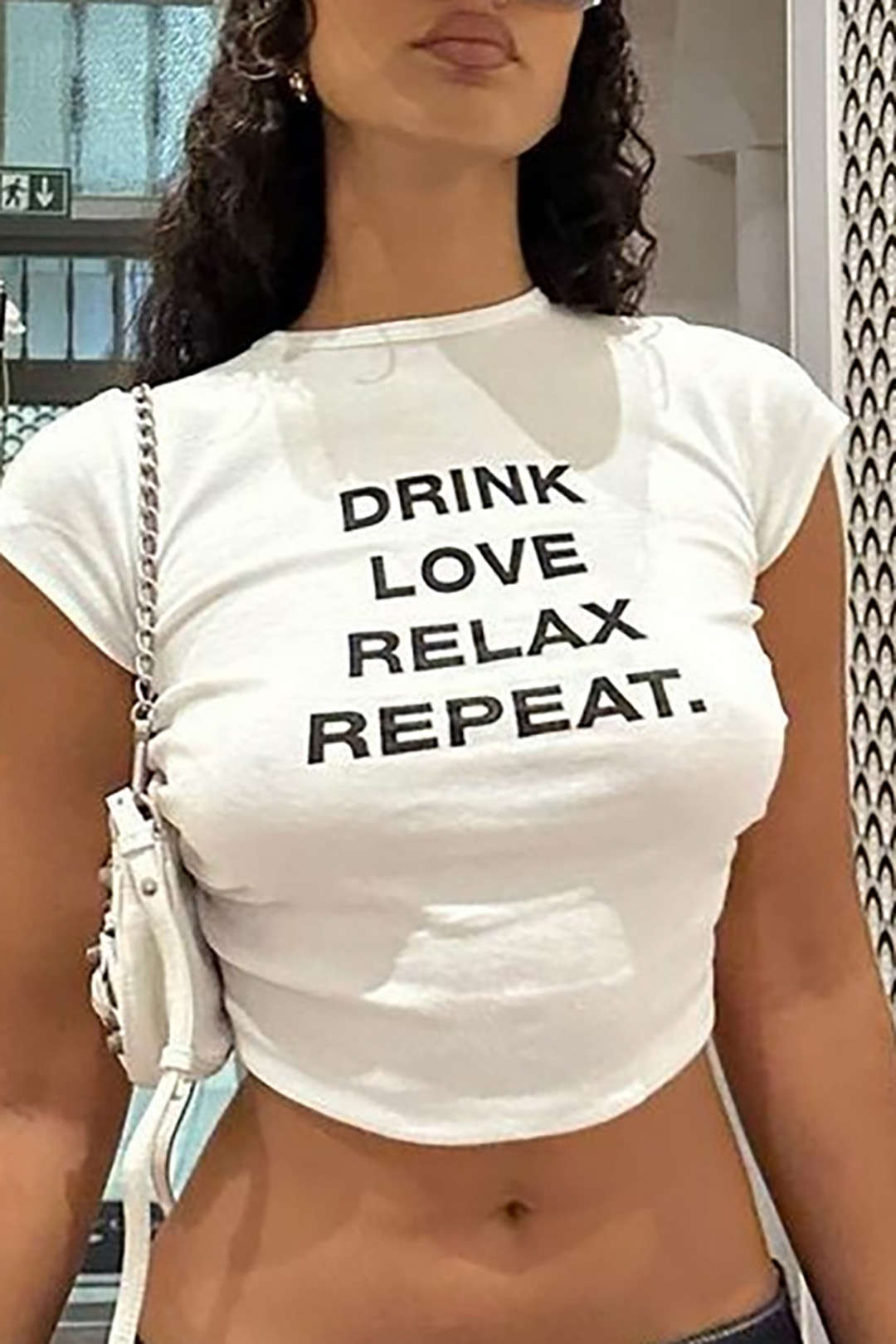 DRINK LOVE RELAX REPEAT Letter Print Ruched Cut Out T-shirt